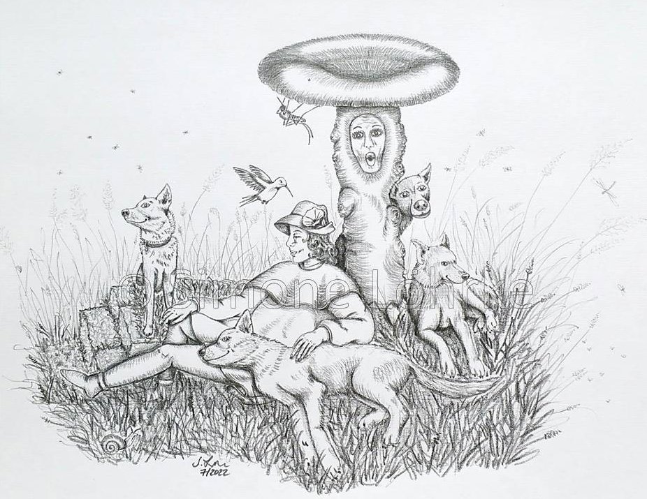 Hundegruppe mit Pilz